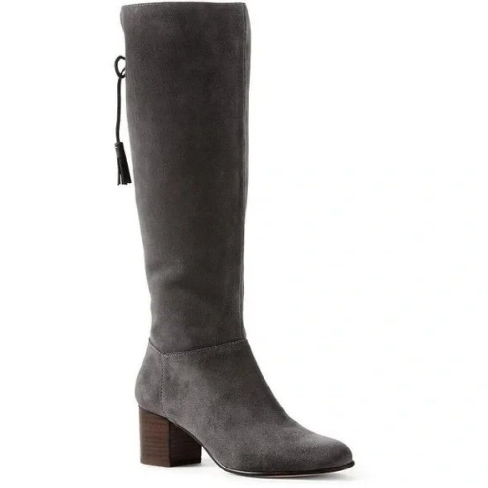 Land End Suede High Block Heel Rounded Toe Dress Boots 8 New Gray - Picture 4 of 13
